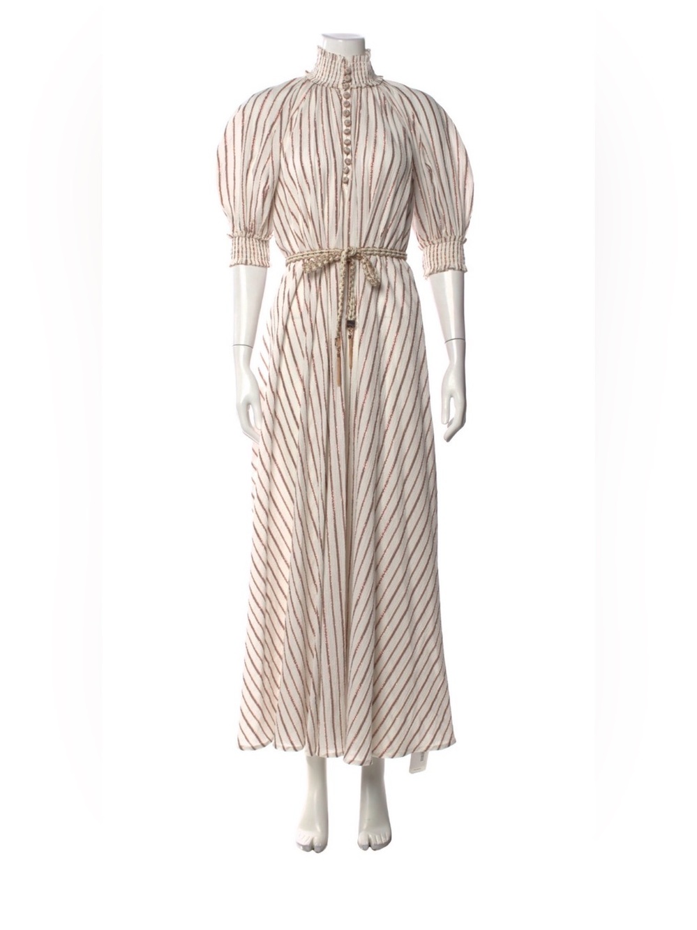 Zimmermann Cream and Brown Striped Ruffled-Trim Maxi Chemise. Missing belt.